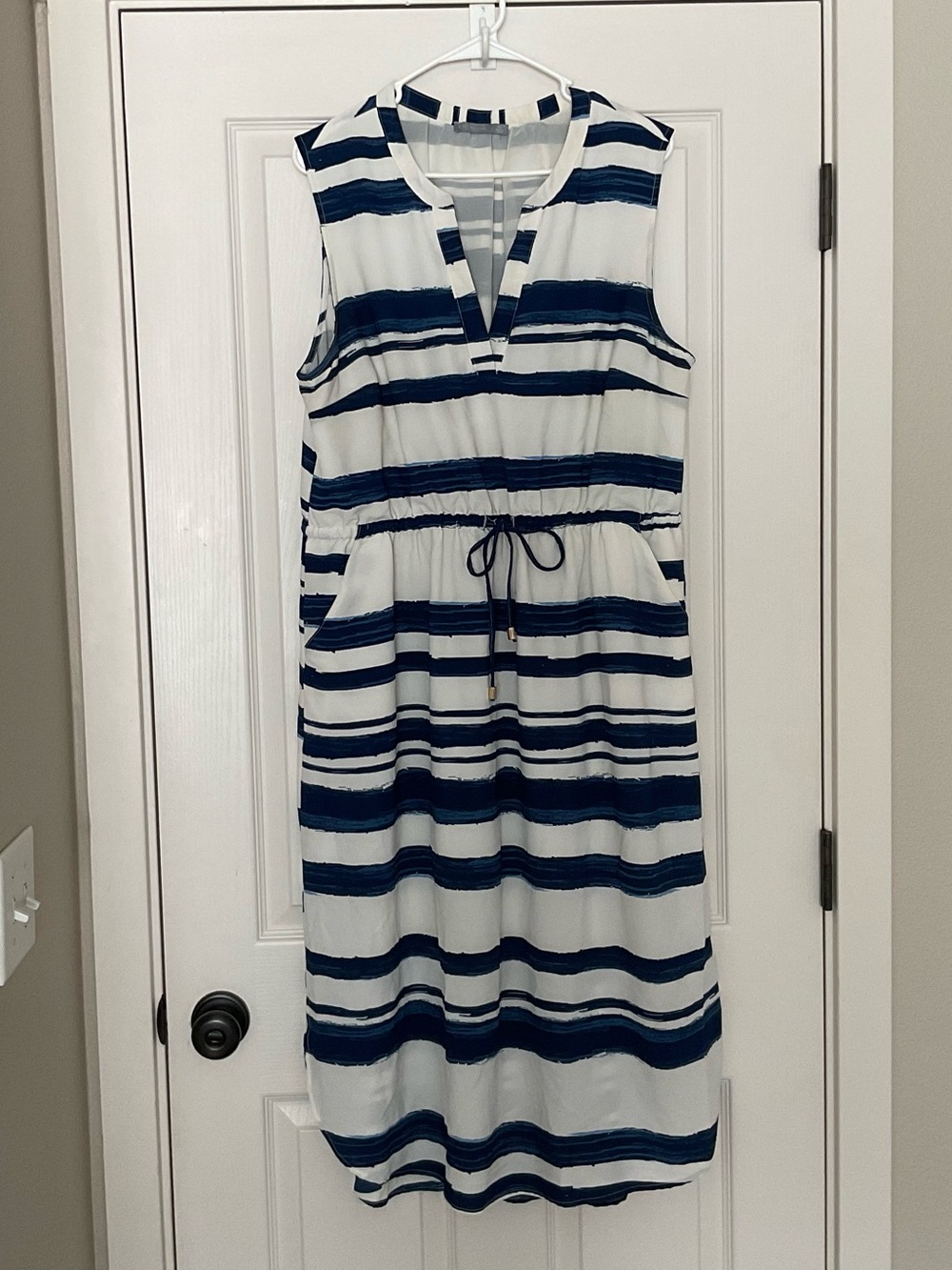 Avia Navy and White Striped Sleeveless Midi Dress with Drawstring